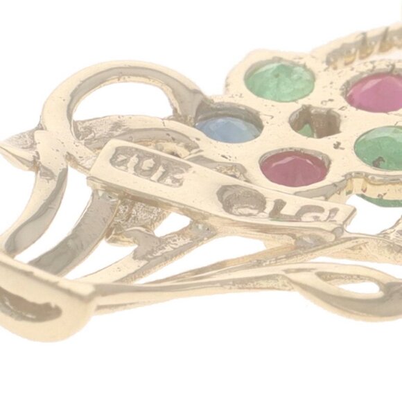 Yellow Gold Emerald Ruby Sapphire Pendant - 10k Round 1.32ctw Flower Basket - Picture 4 of 4